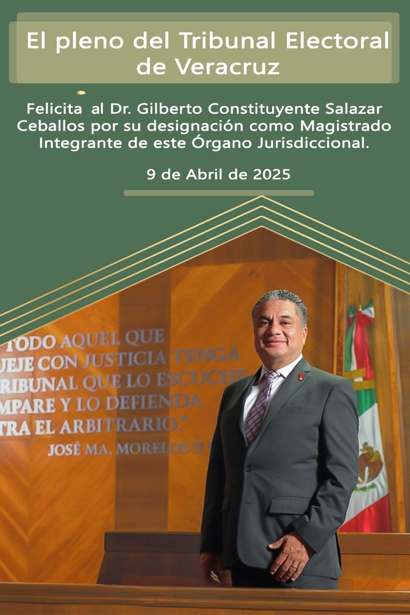 El Pleno del #TEV felicita al Dr. Gilberto Constituyente Salazar Ceballos por su designación como Magistrado de este Órgano Jurisdiccional.
Su experiencia fortalecerá la justicia electoral en Veracruz.
#JusticiaElectoral #Veracruz
¡Enhorabuena!