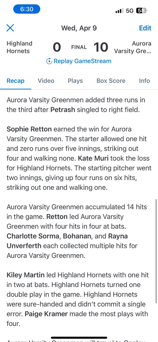 Aurora defeats Highland 10-0 on <a href="/sretton2/">Sophie Retton</a> ‘s walk off hit in the 5th inning!

Retton also gets the W, and went 4-4 on the day!

<a href="/sophpet07/">Sophie Petrash</a> with 5 RBIs and <a href="/LailahBohanan11/">Lailah Bohanan/LB</a> with 4 RBIs!

Game recap below 👇🏼