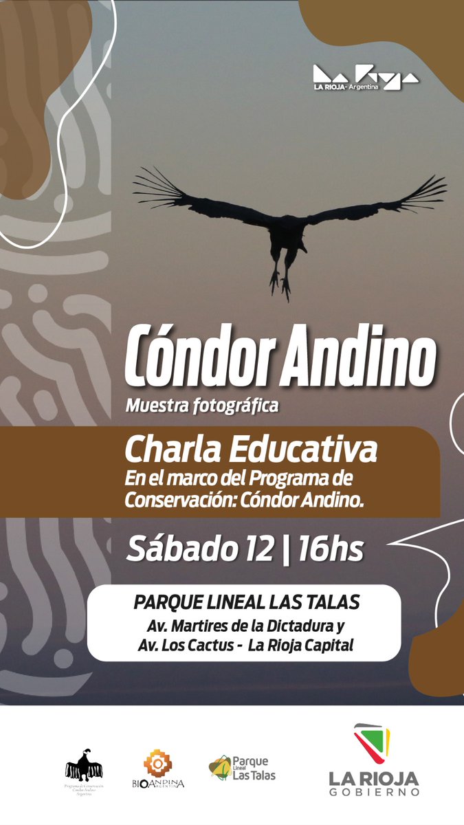Este sábado a las 16 hs te esperamos en el Parque Lineal Las Talas 📍 para la muestra fotográfica y charla educativa sobre el #CóndorAndino 🦅 junto a Fundación Bioandina.

Educación, cultura y conservación en una experiencia única 📸🌿
¡No te lo pierdas!
#LaRioja #Ambiente