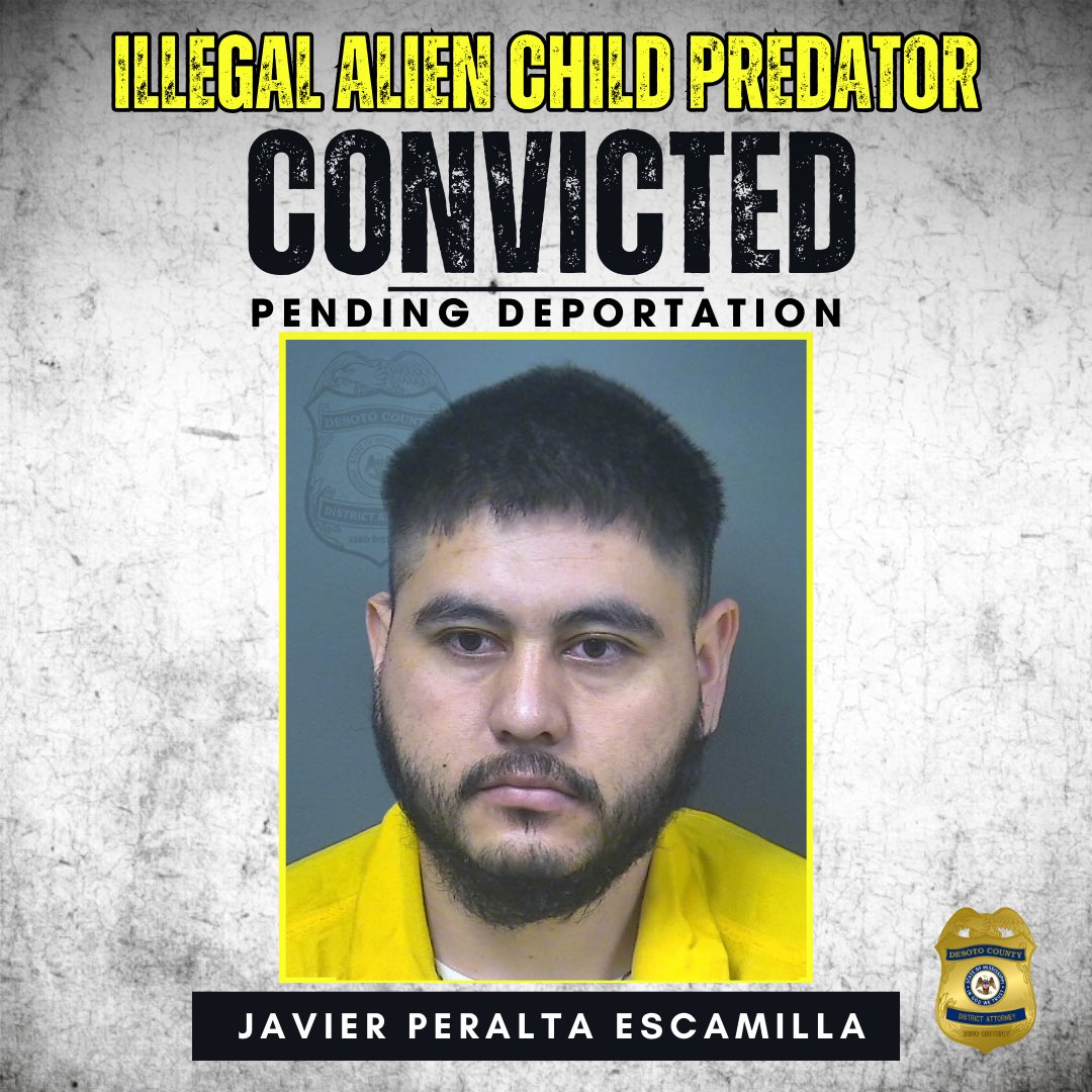 ⚠️ Illegal Alien Child Predator Convicted, Pending Deportation ⚠️ 

Javier Escamilla, an illegal immigrant from Mexico, has been convicted after pleading guilty to the crime of sexual battery against a child. Read more: desotomsda.gov/?p=3353