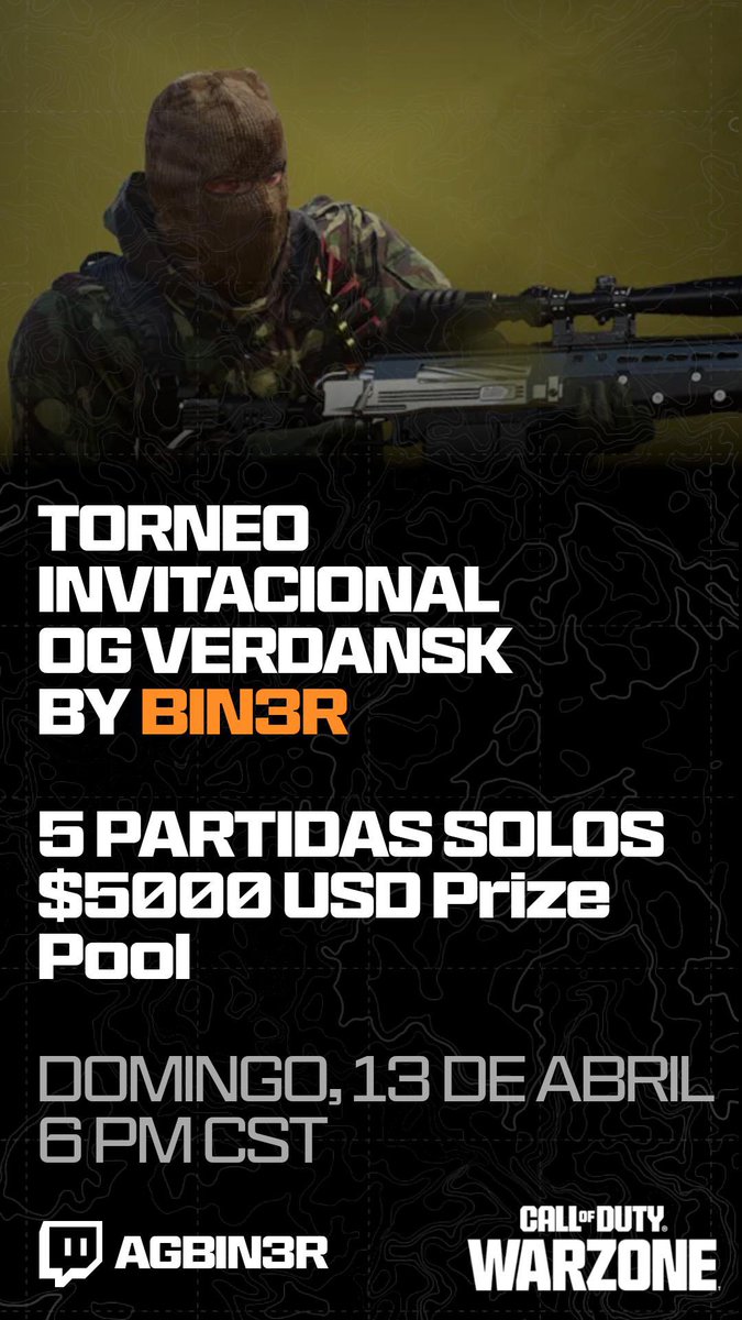 agbin3r's tweet photo. ¡Gran Torneo de Warzone patrocinado por Activision!
Verdansk ha vuelto… y es momento de combatir como en los viejos tiempos

¿Estás listo para demostrar que eres el mejor?
Te invitamos a un súper torneo de Solos con armas OG de Warzone, donde más de 50 jugadores lucharán por la gloria.

Cada partida tendrá un premio de $1,000 USD repartido entre los 5 mejores.

Requisitos para participar:
🎮 Ser streamer activo, no solo transmitir el día del torneo
🧾 Usar tu cuenta principal
🚫 No tener infracciones activas al momento del registro ni durante el torneo

¡Postúlate aquí para entrar al torneo!
Formulario de inscripción: 

https://t.co/8HZ0vNMTrc