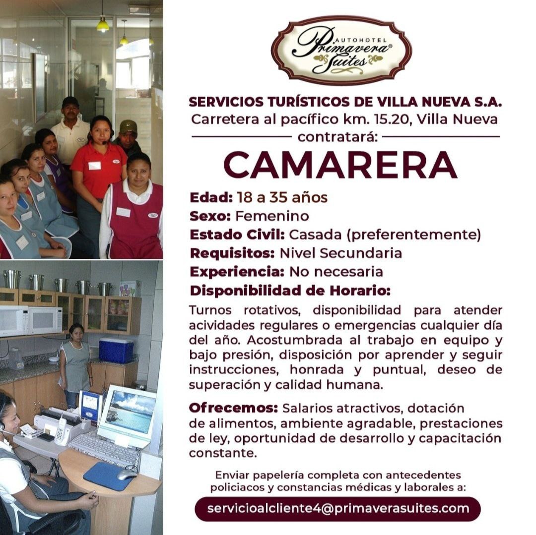 PrimaveraSuites's tweet photo. ¡Oportunidad Laboral!

¿Quiéres formar parte de nuestro equipo de trabajo? 

Envía tu papelería completa a:
servicioalcliente4@primaverasuites.com

#Oportunidadlaboral #PrimaveraSuites #VillaNueva #vacantes #hotelería https://t.co/nc8ol12gTA
