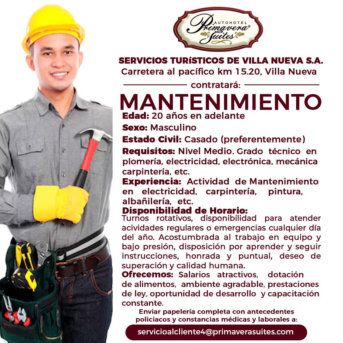PrimaveraSuites's tweet photo. ¡Oportunidad Laboral!

¿Quiéres formar parte de nuestro equipo de trabajo? 

Envía tu papelería completa a:
servicioalcliente4@primaverasuites.com

#Oportunidadlaboral #PrimaveraSuites #VillaNueva #vacantes #hotelería https://t.co/nc8ol12gTA