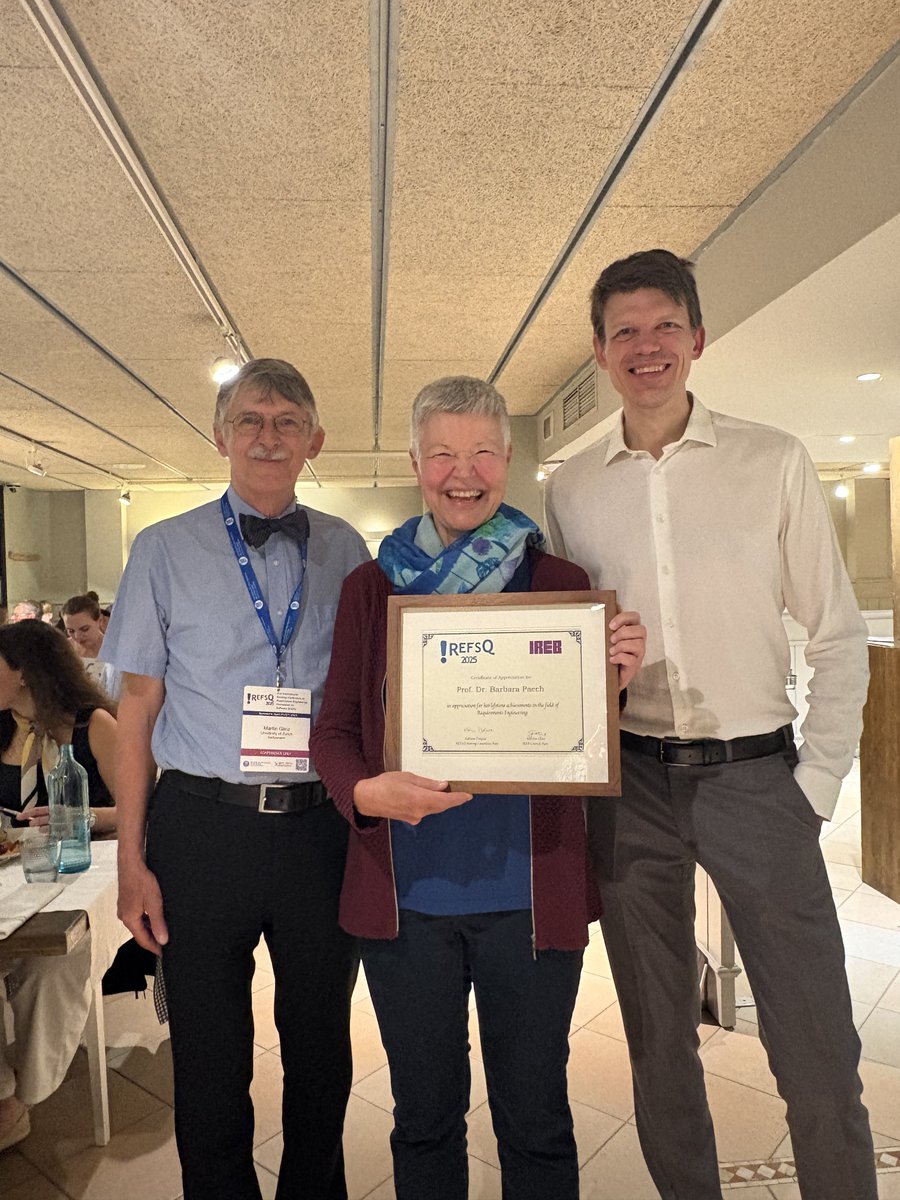 REFSQ 2025 (@wc_refsq) on Twitter photo A lifetime distinguishing award for Barbara Paech, a memorial moment #REFSQ2025 -- well deserved Barbara! <a href="/FabianoDalpiaz/">Fabiano Dalpiaz</a> Martin Glinz A lifetime distinguishing award for Barbara Paech, a memorial moment #REFSQ2025 -- well deserved Barbara! <a href="/FabianoDalpiaz/">Fabiano Dalpiaz</a> Martin Glinz