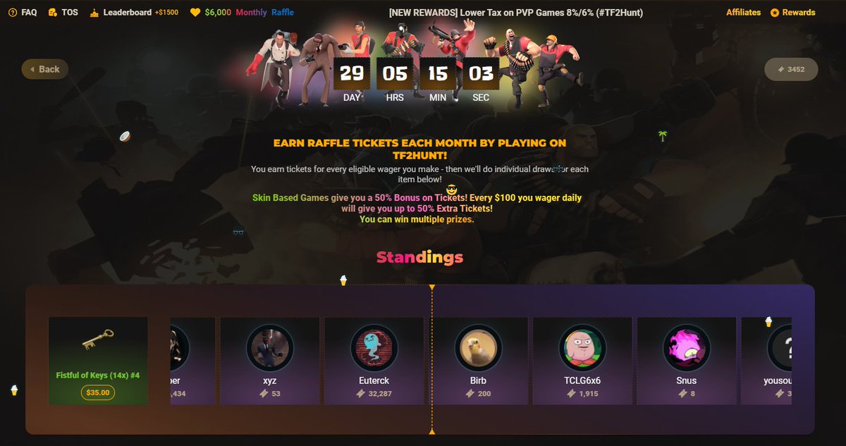 tf2huntcom's tweet image. OUR $6000 monthly raffle for @tf2huntcom
is LIVE! Check it out here: tf2hunt.com/raffle
Also join our Discord server to never miss the next giveaways! discord.gg/Dnm8XtSKHa
#TF2 #TeamFortress2