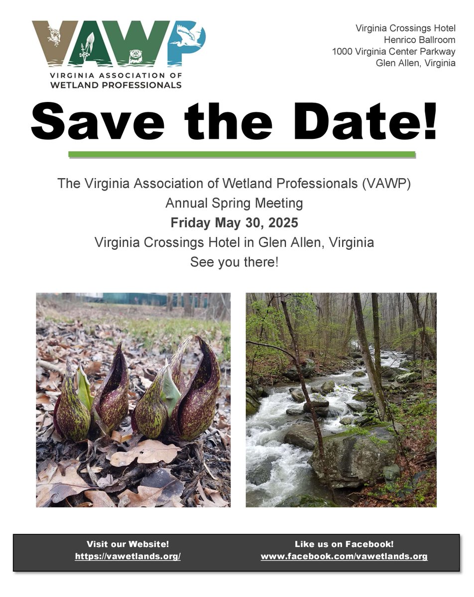 Wetland enthusiasts!
The VAWP invites undergraduate and graduate students to participate in the 2025 Student Poster Session at the upcoming VAWP Spring Meeting and apply for our 2025 VAWP Student Research Scholarship.
Info &amp; application deadlines here: vawetlands.org/announcing-the…