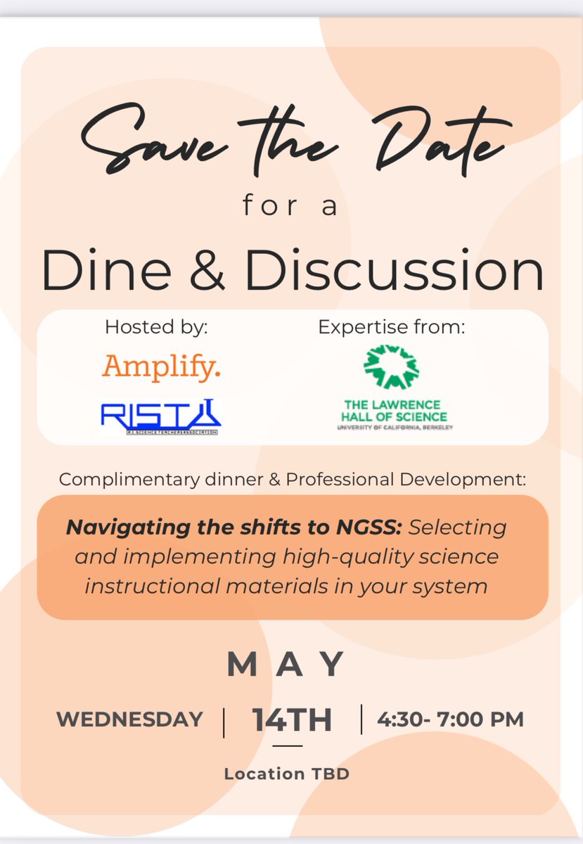 🚀 Excited about elevating sci ed in RI?
Join us May 14 (4:30–7 PM) for a Dine &amp; Learn event on NGSS + HQIM integration, change management &amp; literacy connections!🎤 Lawrence Hall of Science🍕 Food + learning + networking🎟️ RISTA members: $10 early / $15 late #ScienceEd #RISTA