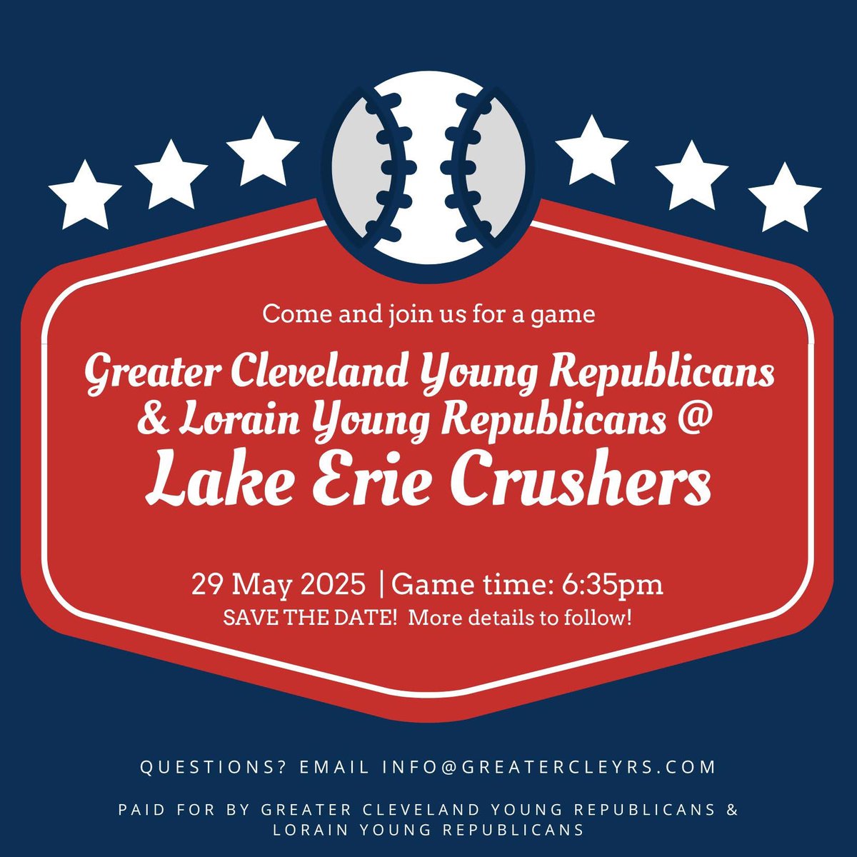 We are teaming up with Lorain Young Republicans on May 29th! Hope you can make it ⚾️