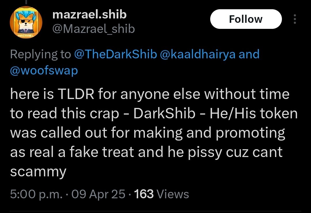 I want to address the accusations head-on. This situation has nothing to do with $TREAT, and I’ve already provided a transparent explanation for everyone to see here: x.com/TheDarkShib/st…. Since I’ve been blocked by <a href="/Mazrael_shib/">Mazrael.Shib</a> and can’t respond directly, I’m sharing this