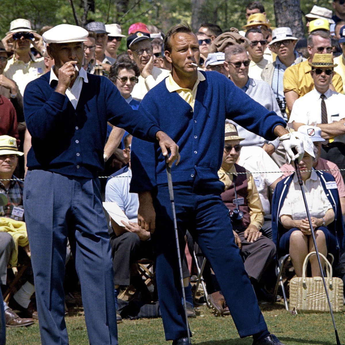 Ben Hogan and Arnold Palmer waiting to tee off at the 1966 Masters
