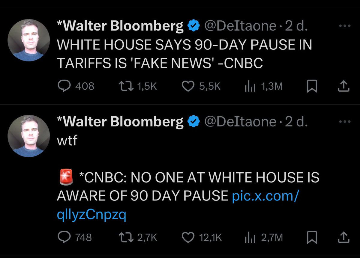 DailyCryptoTrad's tweet photo. The Art of Manipulation

On April 7, the White House dismissed the “90-day tariff pause” as fake news.
CNBC even reported: “No one at the White House is aware of it.”

Then, on April 9, Trump announces exactly that — a 90-day tariff pause (except for China).

Just before the news broke, someone opened SPY 509 calls expiring that same day — and they exploded +2100% within an hour.

The volume?
Brand new positions.
Not rollovers.
IV spiked hard.
Someone knew. This wasn’t luck — it was surgical.

This is how narrative manipulation and market timing work together:
Deny. Discredit. Distract. Then flip the script.
It’s The Art of Manipulation.

And just to be clear:
I don’t care if you support Trump or Biden.
I’m here to analyze data, timing, and price action.

What we just saw is a masterclass in coordinated distortion — and most likely, insider trading.

Your president just made his rich friends millions while you clapped.
4D chess, right?