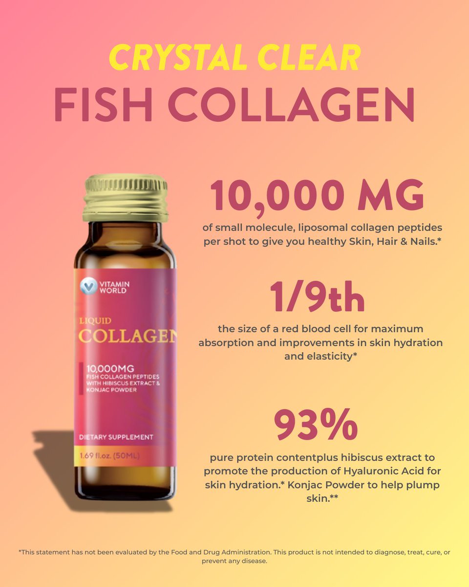 vitaminworld's tweet photo. Shots for skin care?
Only if they are shots of Vitamin World’s new Liquid Collagen. With 10,000 mg of collagen peptides in a single daily sip 😌✨

Introducing Crystal Clear Fish Collagen - the tiniest (and tastiest) glow-up you’ll ever drink. https://t.co/RsnzxJR2Rb
