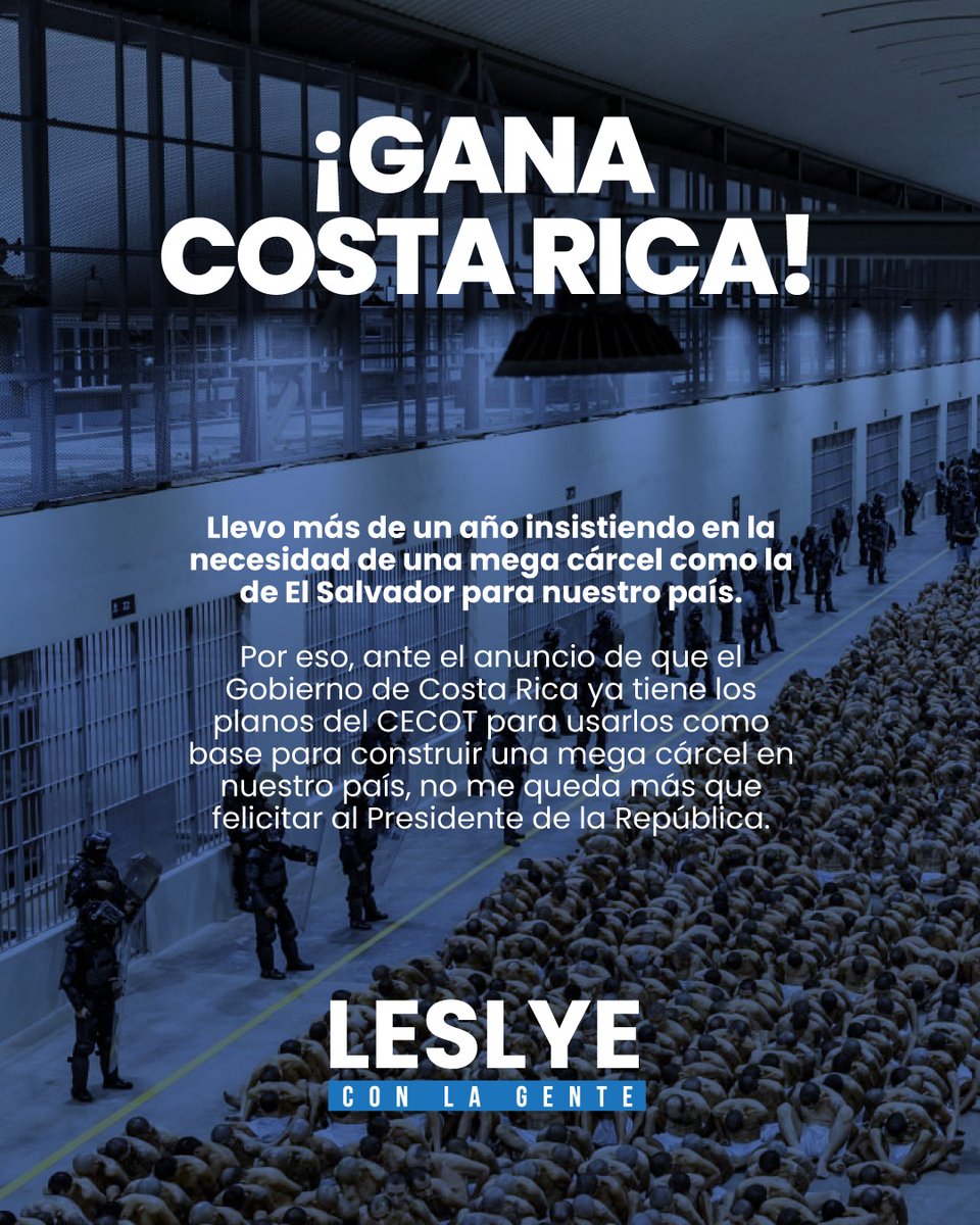 Hace más de un año vengo insistiendo en la urgencia de una mega cárcel como la de El Salvador para enfrentar la inseguridad en Costa Rica. 

Hoy, ante el anuncio de que el Gobierno ya cuenta con los planos del CECOT para construir una similar en nuestro país, no me queda más que