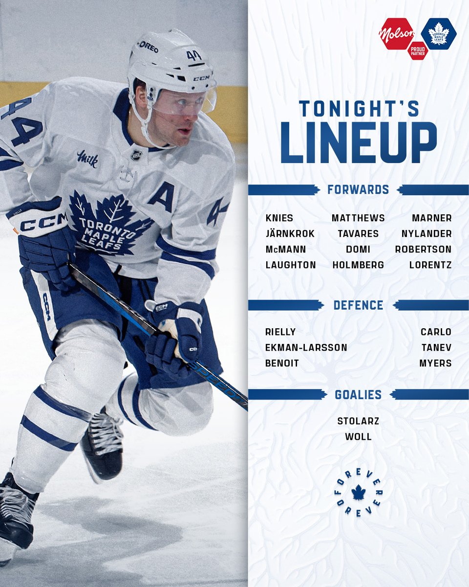 MapleLeafs's tweet photo. Tonight’s Lineup

@Molson_Canadian | #LeafsForever https://t.co/IJcTk6FXk7