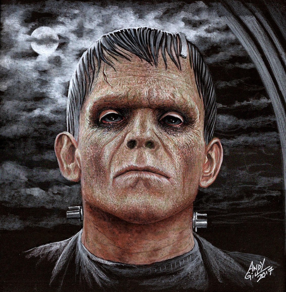 Prismacolor Premier color pencil 12x12, on black Stonehenge print stock. (Frankenstein Monster 1931).  thank you