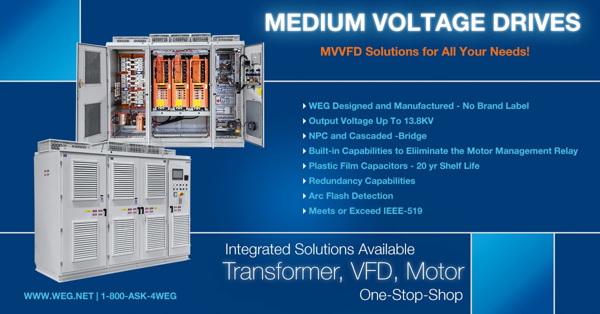 weg_usa's tweet image. #WEG offers comprehensive packages for all of your Medium Voltage #VFD needs, which includes both options for NPC and Cascade H-Bridge topologies!  With an install base in #OilandGas, #Mining, #Water, #WasteWater, and #Irrigation!

weg.net/catalog/weg/US…