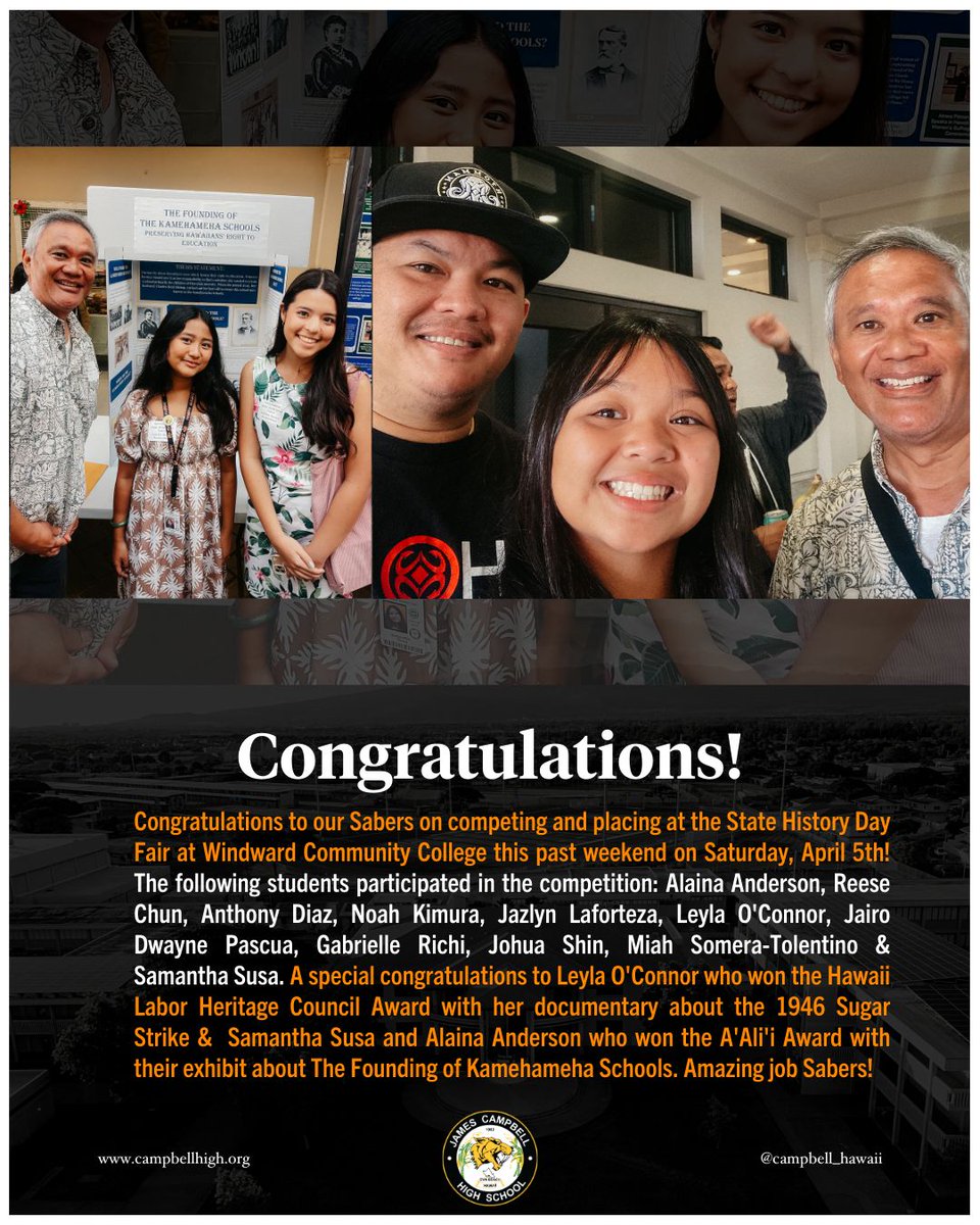 Congratulations to our Sabers on competing and placing at the State History Day Fair at Windward Community College this past weekend on Saturday, April 5th! #SaberNation