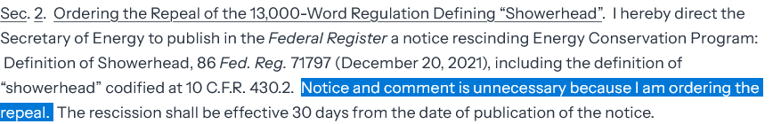 Incredible. The White House says notice and comment is no longer required for promulgating regulations so long as the President commands it be done.

whitehouse.gov/presidential-a…
