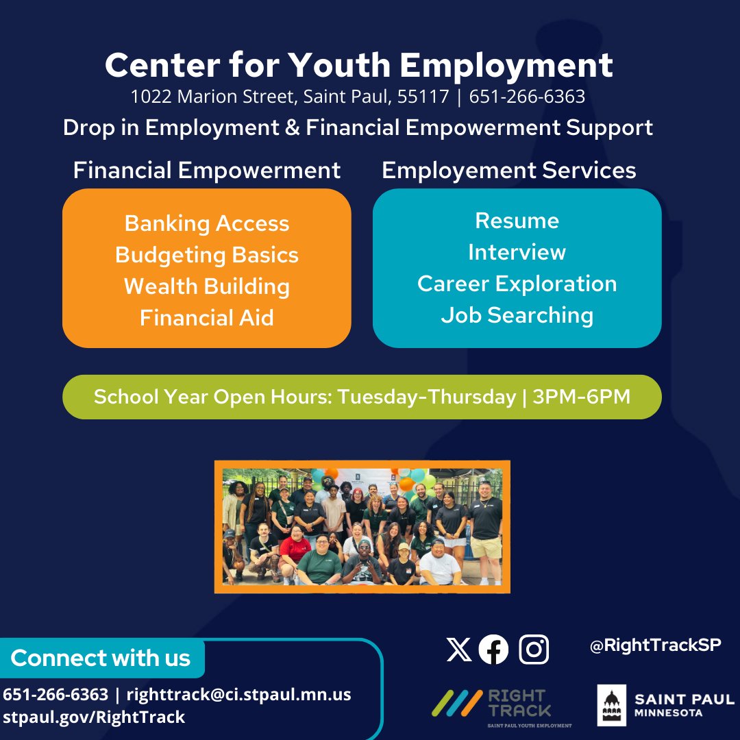 Looking for employment and do not know where to start?

Right Track provides drop-in services to help assist any employment needs for teens in Saint Paul!

Come on by during drop-in hours and someone on the Right Track team will gladly assist you!