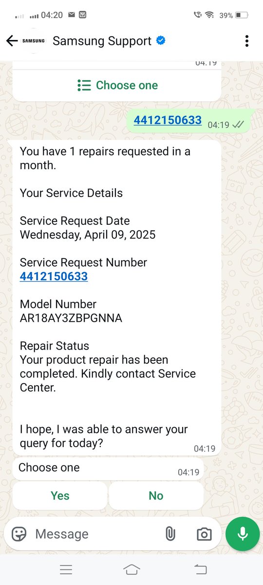 deepakkumarr_'s tweet photo. #samsung_scam 
@SamsungIndia में आज एयर कंडीशनर की शिकायत दर्ज करवाई बदले में शिकायत नंबर भी मिला कॉल भी आई सर्विस सेंटर से जल्दी विजिट करवाते हैं पर कोई भी व्यक्ति नहीं आया शिकायत पर झूठी सर्विस #ग्राहक परेशान है कोई सुनने वाला नहीं @jagograhakjago @nch1915 हमारी मदद कीजिए https://t.co/HqRjtQMlXa
