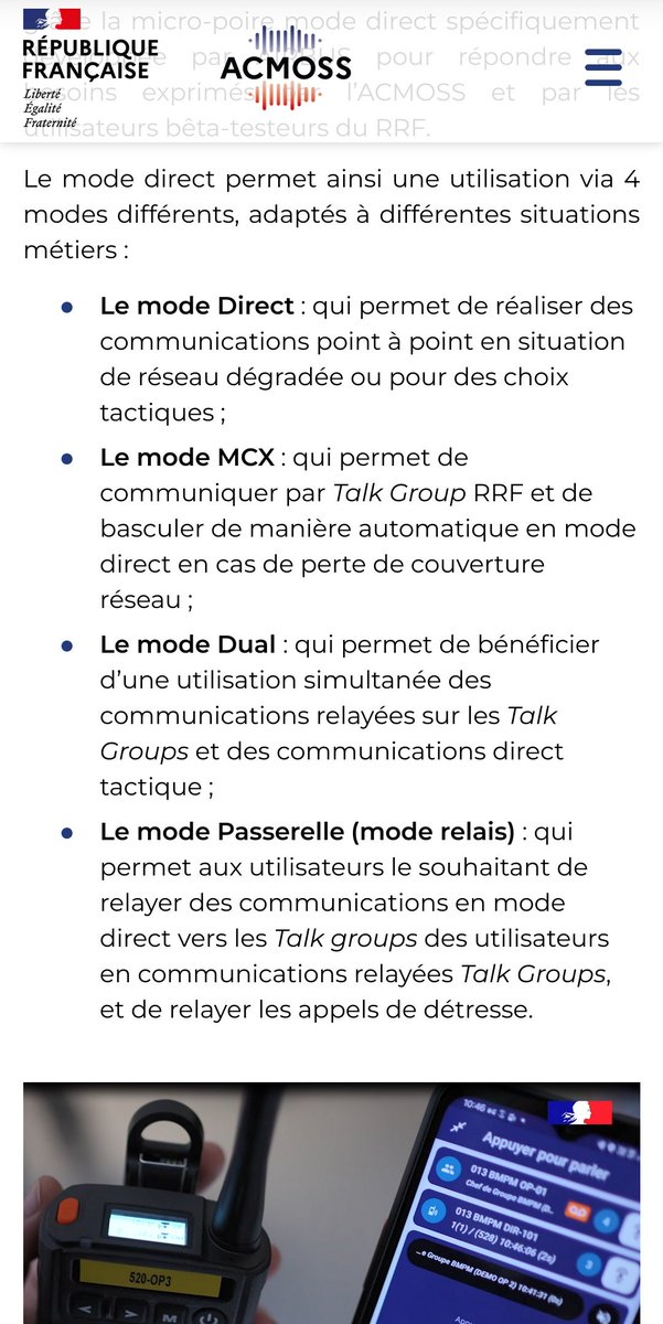 Lecture du soir acmoss.fr/la-solution-mo…
Ce mode direct qui consiste à remplacer le micro poire par un "talkie" DMR me paraît être une drôle de superposition de couches...

Certes il y a une interco avec le réseau 4G si dispo, mais suppr ANTARES pour faire ce mélange ?
<a href="/ACMOSS_FR/">L'ACMOSS et le Réseau Radio du Futur (#RRF)</a>