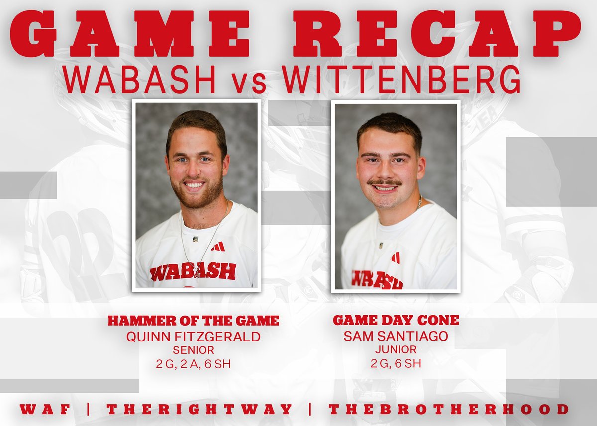 WabashLax's tweet image. 🔴 W I N ⚪

Complete team win today on Fischer. First EVER win over Witt for Wabash Lacrosse.

🔨 Quinn Fitzgerald
🍦 Sam Santiago

⭐ Bryce Poling
⭐⭐ Jake Pippen
⭐⭐⭐ Will Kerker

#WAF | #TheRightWay | #TheBrotherhood