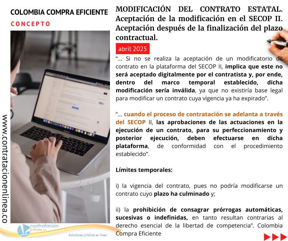 contrataenlinea's tweet photo. 📑MODIFICACIÓN DEL CONTRATO ESTATAL. Aceptación de la modificación en el SECOP II. Aceptación después de la finalización del plazo contractual https://t.co/LqBqS1KGoN https://t.co/WtHfGkQjbY