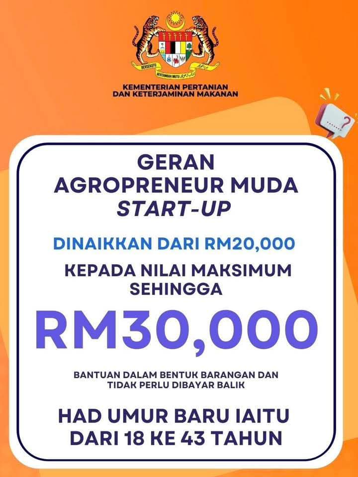petrusconrad's tweet photo. Anda berumur 18-43 tahun dan terlibat dalam pertanian, ternakan, perikanan atau industri asas tani? Kini, Geran Agropreneur Muda (GAM) Start-Up menawarkan sehingga RM30,000, tanpa perlu dibayar balik

📌 Mohon sekarang di 👉 https://t.co/4WoGCKJBKN
. https://t.co/ask6OKDV9P