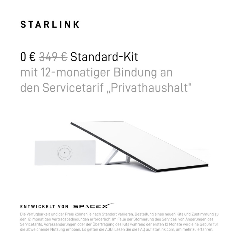 Starlink's tweet photo. Zuverlässiges Highspeed-Internet

Einfach online bestellbar