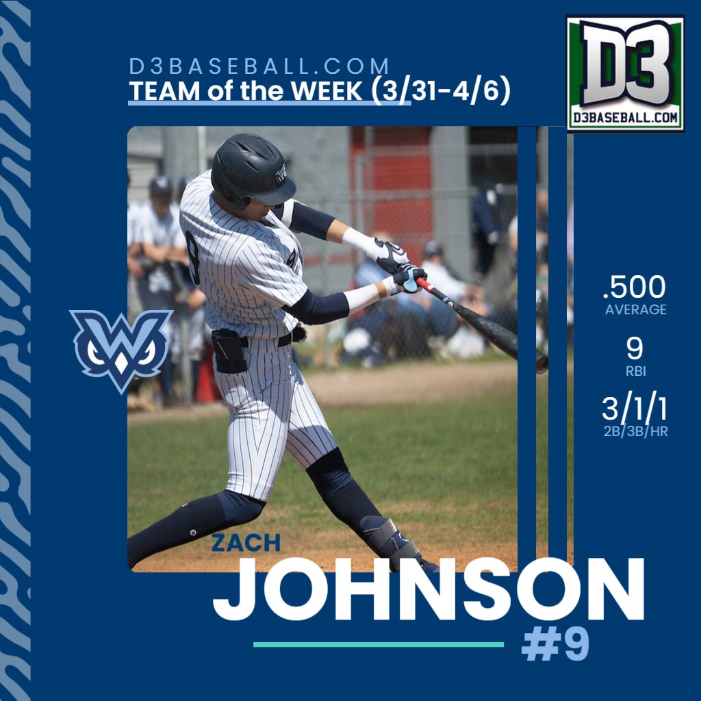 Another honor for Zach: D3Baseball.com Team of the Week! Zach hit .500 (9-18), producing multi-hit games in each contest. He amassed five extra-base hits (3 doubles, a triple, and a home run). He drove in 9 and scored 6. Set new school-record hit streak at 19 games.