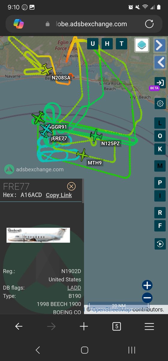 norb420's tweet photo. 19) #AE6E80 as #DAGGR91
#A067A2 as #N125PZ
#A4064C as #MTH9
#A1B14C as #N208SA
#A16ACD as #FRE77
#A4362F as #FRE56
From earlier, not as crazy as yesterday's test but just as interesting. N208SA was up first, flew a couple of different racetrack patterns over Hurlburt Field at 7,775 feet. The two Boeing Beeches were up next; they both set up racetrack patterns on the western edge of the other players' patterns. FRE77 flew at 17,250 feet and FRE56 at 13,250 feet. DAGGR91 and N125PZ were airborne next. DAGGR91 did a rectangular pattern, flying at 9,750 feet. N125PZ did a racetrack pattern on the northern end of DAGGR91's rectangular pattern at 10,750 feet. And finally, MTH9 flew a rectangular pattern inside DAGGR91's pattern at 8,800 feet. DAGGR91 was up at 9:39AM local and landed at 12:17PM for a flight time of two hours and 39 minutes.
https://t.co/lKhcFkVV3J