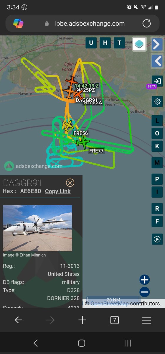 norb420's tweet photo. 19) #AE6E80 as #DAGGR91
#A067A2 as #N125PZ
#A4064C as #MTH9
#A1B14C as #N208SA
#A16ACD as #FRE77
#A4362F as #FRE56
From earlier, not as crazy as yesterday's test but just as interesting. N208SA was up first, flew a couple of different racetrack patterns over Hurlburt Field at 7,775 feet. The two Boeing Beeches were up next; they both set up racetrack patterns on the western edge of the other players' patterns. FRE77 flew at 17,250 feet and FRE56 at 13,250 feet. DAGGR91 and N125PZ were airborne next. DAGGR91 did a rectangular pattern, flying at 9,750 feet. N125PZ did a racetrack pattern on the northern end of DAGGR91's rectangular pattern at 10,750 feet. And finally, MTH9 flew a rectangular pattern inside DAGGR91's pattern at 8,800 feet. DAGGR91 was up at 9:39AM local and landed at 12:17PM for a flight time of two hours and 39 minutes.
https://t.co/lKhcFkVV3J