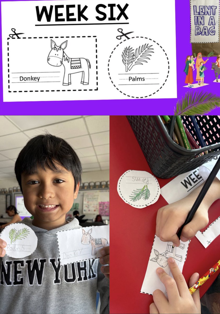 Miss_MillerOCSB's tweet photo. Week 6 of #LentInABag! Today, we learned about Jesus’s triumphant entry into Jerusalem. We talked about the donkey he rode and the palm leaves the people laid down to welcome Him. Ask your child what the people shouted when Jesus arrived! 🌿🫏 ✝️ @PrincePeaceOCSB @ocsbRE https://t.co/sV6ZkmUJDE