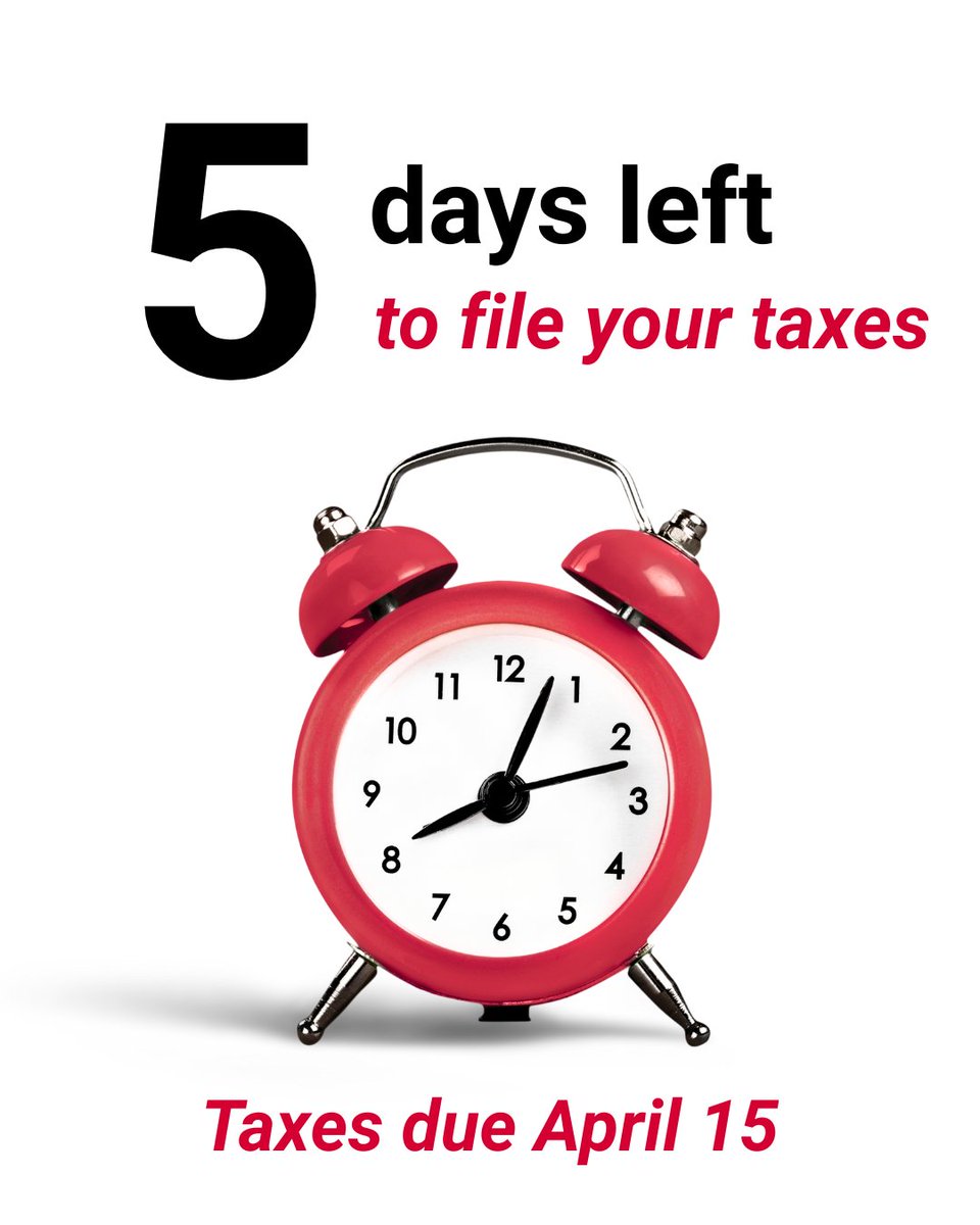 ⏰ Taxes are due next Tuesday! ⏰
Be sure to file your taxes by April 15 to avoid fees and penalties.