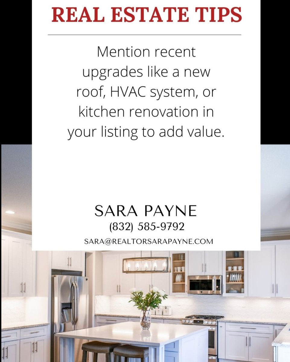 RealtorSaraPay1's tweet photo. Buyers are always concerned about any part of a home that may be aging or that will need repair or replacement soon.  Mentioning new up upgrades will help alleviate these concerns and draw buyers to your home.

@Realtor Sara Payne  

#RealtorSaraPayne #ExecutiveTexasRealty #ETR https://t.co/GksGNI63T0