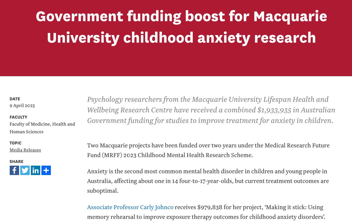 eCentreClinic (@ecentreclinic1) on Twitter photo 🎉FUNDING SUCCESS | Congratulations to Dr <a href="/MadelyneBisby/">Madelyne Bisby</a> as co-investigator on a #MRFF grant led by A/Prof <a href="/CarlyJohnco/">Carly Johnco</a> to improve #exposuretherapy outcomes for childhood #anxiety disorders.
👉lighthouse.mq.edu.au/media-releases…
<a href="/Lifespan_MQ/">Lifespan Health & Wellbeing Research Centre</a>
<a href="/PsyMQ/">PSYCHSCIENCES@MQ</a>
<a href="/Macquarie_Uni/">Macquarie University</a> 🎉FUNDING SUCCESS | Congratulations to Dr <a href="/MadelyneBisby/">Madelyne Bisby</a> as co-investigator on a #MRFF grant led by A/Prof <a href="/CarlyJohnco/">Carly Johnco</a> to improve #exposuretherapy outcomes for childhood #anxiety disorders.
👉lighthouse.mq.edu.au/media-releases…
<a href="/Lifespan_MQ/">Lifespan Health & Wellbeing Research Centre</a>
<a href="/PsyMQ/">PSYCHSCIENCES@MQ</a>
<a href="/Macquarie_Uni/">Macquarie University</a>
