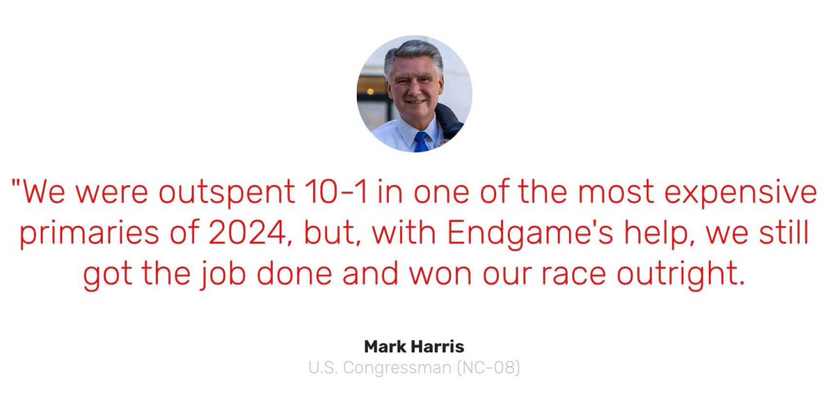 Endgame_NC's tweet photo. In one of 2024’s most expensive primaries, Endgame helped Congressman Mark Harris defy the odds and secure a decisive victory. Let us be part of your winning formula. #ncpol 

Visit: https://t.co/JKG28i2Vvb https://t.co/pO9CvsQ33t