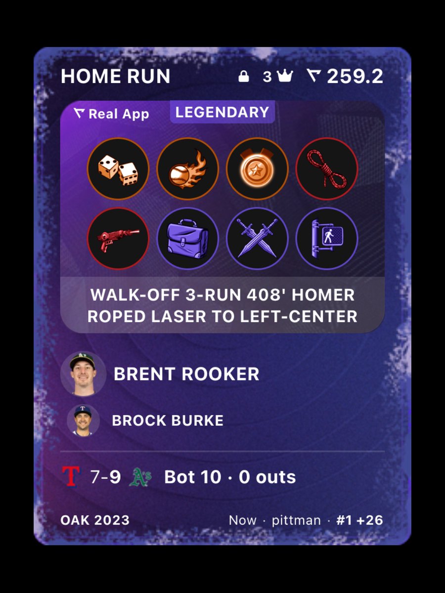 Real member @/Pittman has completed Prestige 3 of Brent Rooker’s walk-off 3 run 408’ homer!

27 variations of the same card. Serial #1-27
Total rating: 259.2