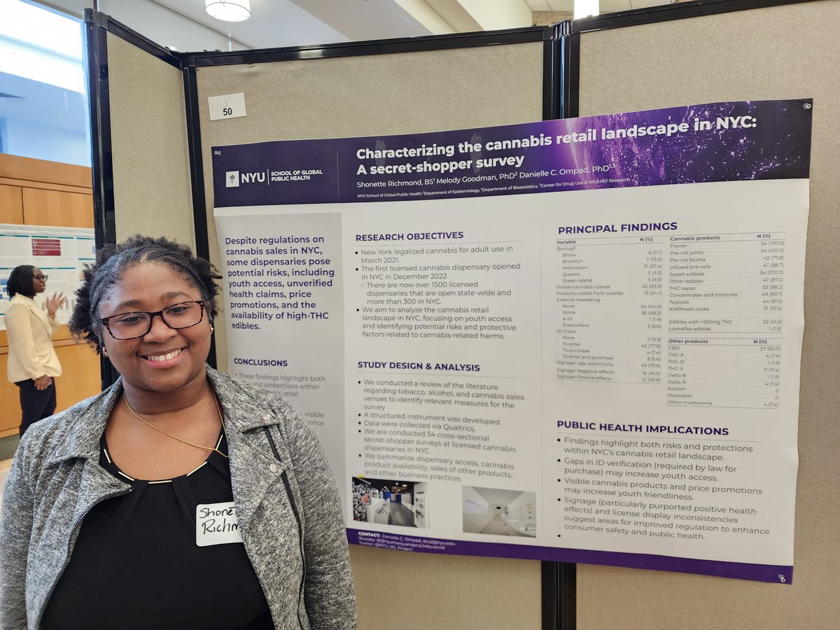 NYU_MJ_Project's tweet photo. Shonette Richmond is a student in the @nyu_uel. Yesterday, she presented her first scientific poster at a conference for the @NYU_MJ_Project! We were at the NYC Epidemiology Forum at Hofstra , where she presented our poster characterizing the cannabis retail landscape in NYC. https://t.co/hxJIJzOA6h