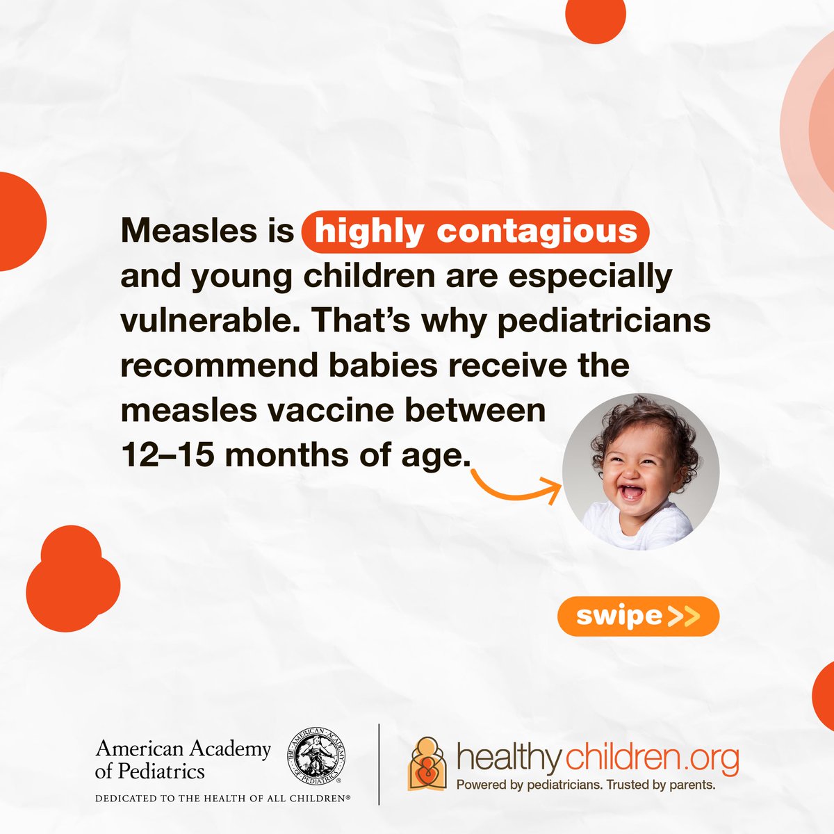 UTSW_PedsID's tweet photo. Measles is a vaccine-preventable infection. About 95 of every 100 people will be protected after getting one dose of the MMR vaccine. Two doses of MMR vaccine protect 97-99 of every 100 people. https://t.co/XKFGomBPRp https://t.co/7Tw3TapIz3