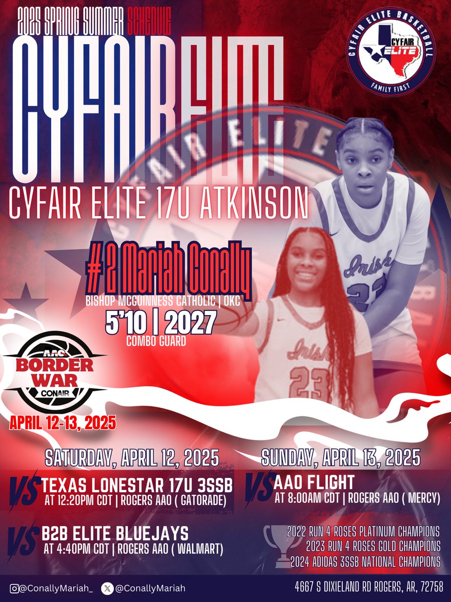 Mariah Conally ‘27 (@conallymariah) on Twitter photo Locked in for Border Wars this weekend in Rogers, AR!
Hungry, focused, and ready to compete.
Coaches, looking forward to seeing you there—schedule attached!
#BorderWars #GirlsHoops #OklahomaHoops #2027Prospect
<a href="/CyFairOklahoma/">CyFair Elite Oklahoma</a> Locked in for Border Wars this weekend in Rogers, AR!
Hungry, focused, and ready to compete.
Coaches, looking forward to seeing you there—schedule attached!
#BorderWars #GirlsHoops #OklahomaHoops #2027Prospect
<a href="/CyFairOklahoma/">CyFair Elite Oklahoma</a>