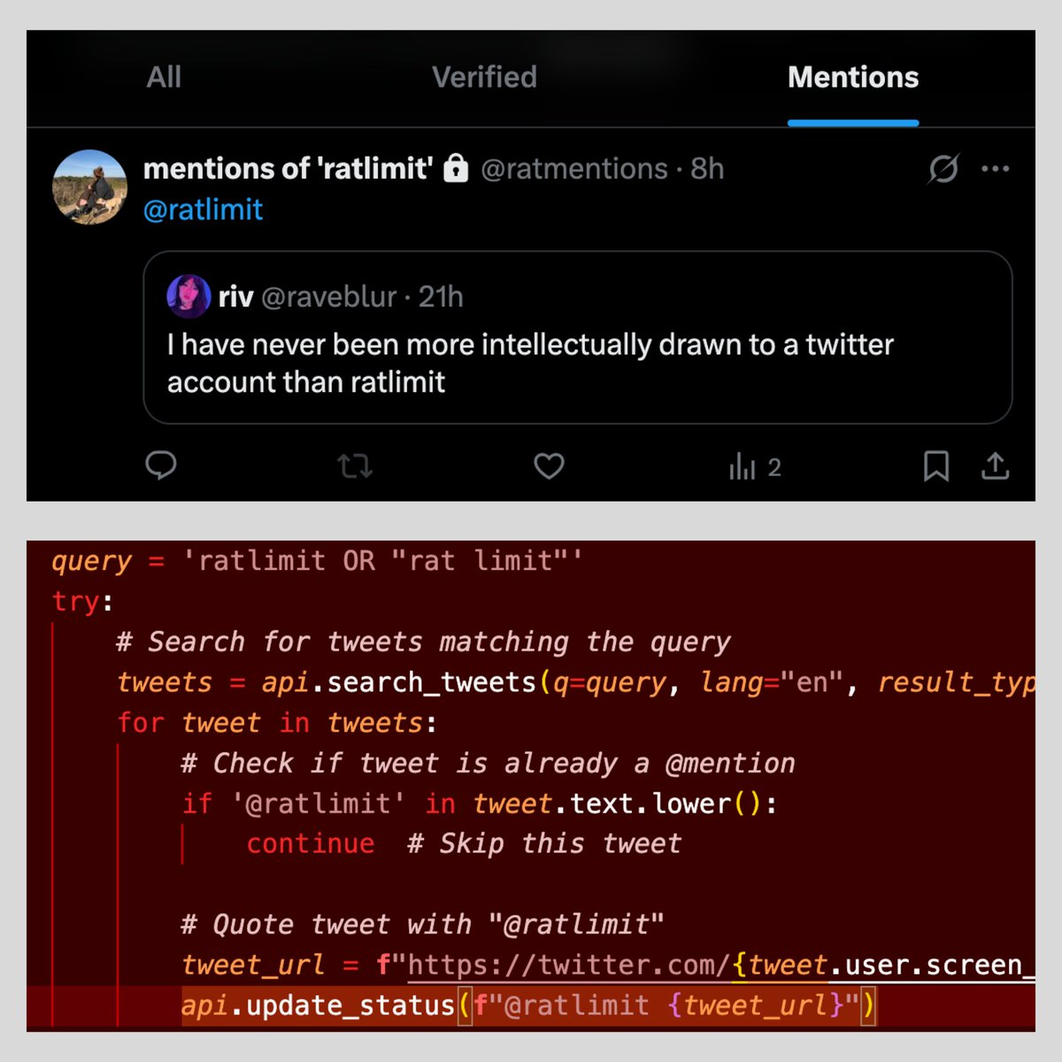 ratlimit's tweet image. So funny when someone accuses me of "name-searching". Unlike you, I'm not pathetic enough to waste time doing that 😂

It only took 30 mins to create a bоt that finds posts containing 'ratlimit' for me, + quotes them to me. So I don't have to obsess over that (like you prob do).