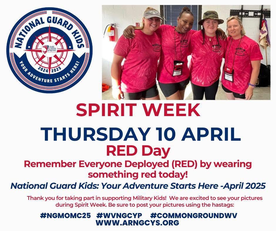 Thank you so much everyone for celebrating Red, White &amp; Blue Day with us today!  Tomorrow is RED Day, Remember Everyone Deployed, by wearing something red, post pic and tag us!  
#guardkidsyouradventurestartshere #wvngcyp #NGMOMC25 #commongroundwv
