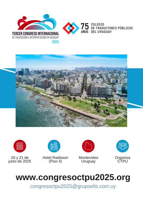 CONALTI© (@conalti) on Twitter photo Compartimos la invitación al Tercer Congreso Internacional de Traducción e Interpretación en Uruguay 2025, que organiza el <a href="/ColTradUy/">Colegio de Traductores Públicos del Uruguay</a>:
📅 20 y 21 de junio de 2025
📍 Hotel Radisson, Montevideo
Más información en: congresoctpu2025.org Compartimos la invitación al Tercer Congreso Internacional de Traducción e Interpretación en Uruguay 2025, que organiza el <a href="/ColTradUy/">Colegio de Traductores Públicos del Uruguay</a>:
📅 20 y 21 de junio de 2025
📍 Hotel Radisson, Montevideo
Más información en: congresoctpu2025.org