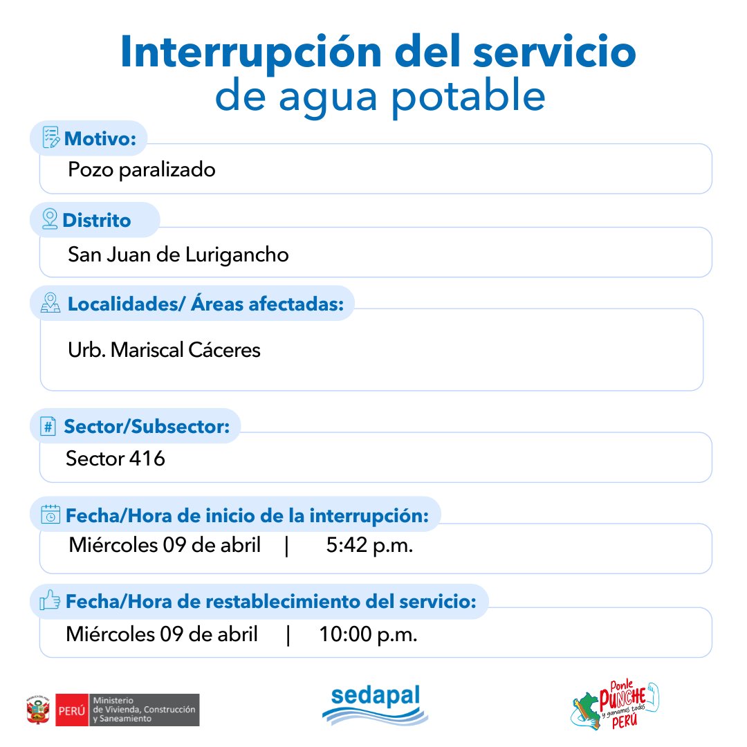 SedapalOficial's tweet photo. 🚨 #LoÚltimo | ¡Atención vecinos de #SanJuanDeLurigancho! #Sedapal atiende una emergencia imprevista por lo que se interrumpirá parcialmente el servicio de agua en algunos sectores. Más detalles aquí 👇 #InterrupciónDelServicio https://t.co/6Lvh2rZJkv