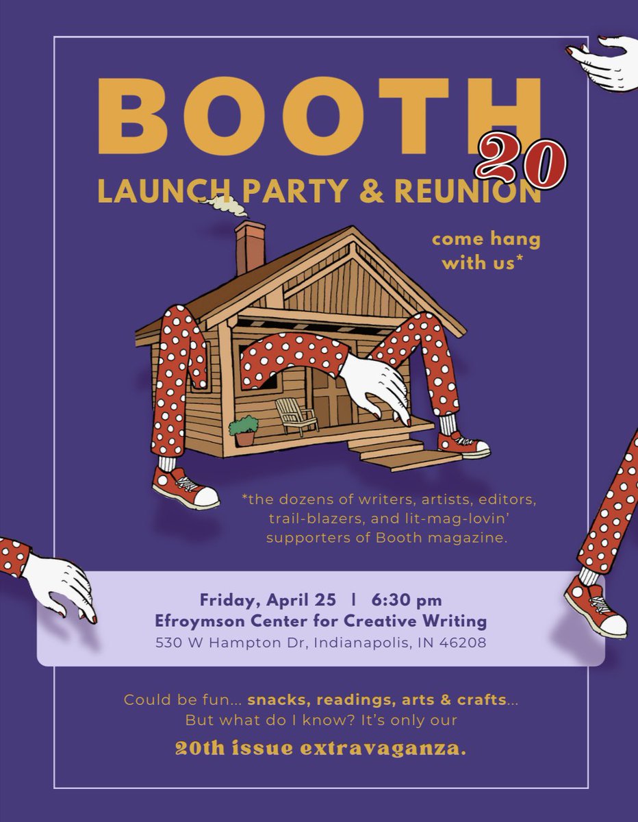 BoothAJournal's tweet photo. Save the date for the Booth 20 Launch Party, which will take place on April 25, 2025 at 6:30 p.m. at the beautiful Efroymson Center for Creative Writing at Butler University. We hope to see you there! #litmag #booth20 https://t.co/ja5GEv2wxW