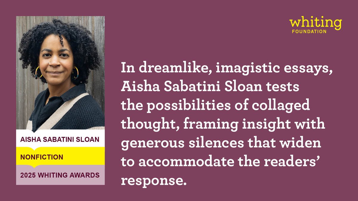 Congratulations to Aisha Sabatini Sloan, winner of a 2025 Whiting Award for Nonfiction!
whiting.org/awards/winners…