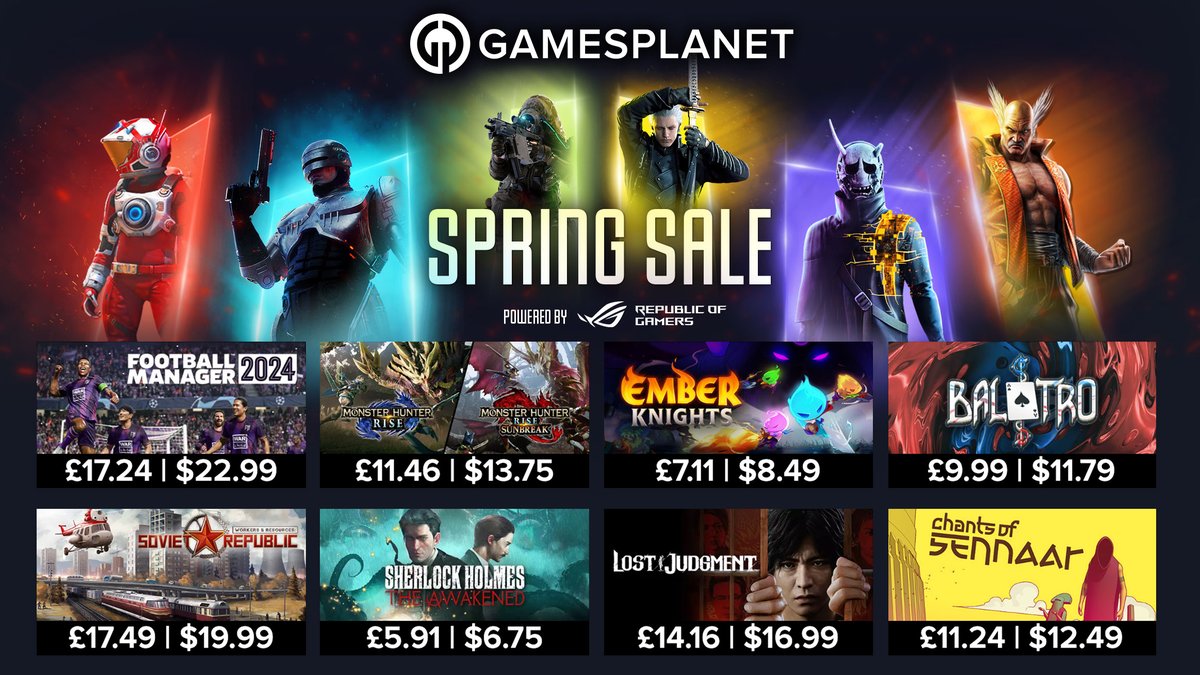 GamesplanetUK's tweet photo. Hunt monsters and kick footballs in Day 7 of the Spring Sale in partnership with our friends at @ASUS_ROG. Today we're featuring #FM24, #MonsterHunterRise, #EmberKnights, #Balatro and much more! 😉
⚔️ https://t.co/muNGrg0SIM
Deals end April 14th at 1am PST / 9am BST https://t.co/RFRlx6Iz2S