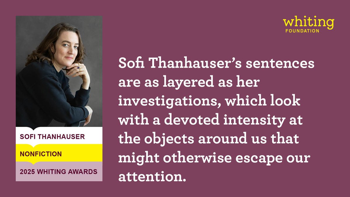 Congratulations to Sofi Thanhauser, winner of a 2025 Whiting Award for Nonfiction!
whiting.org/awards/winners…