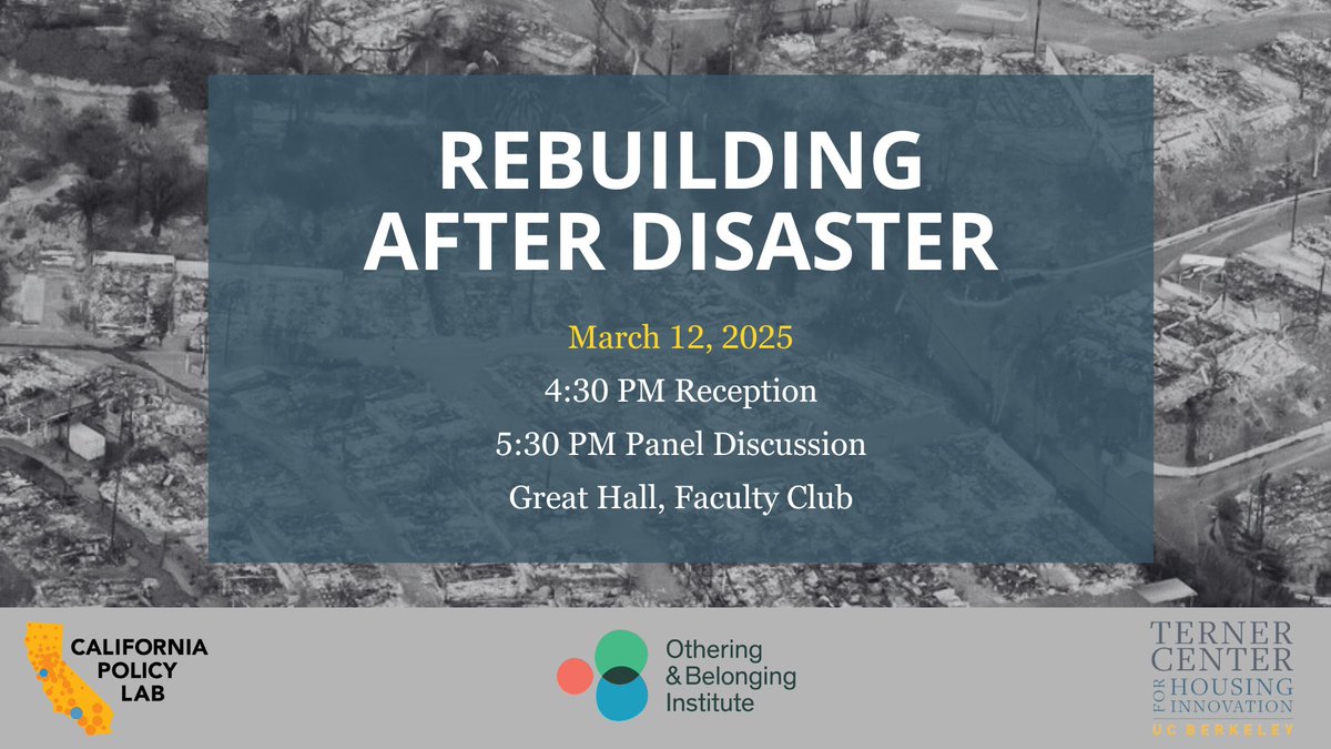 Terner Center (@ternerhousing) on Twitter photo View the recording of “Rebuilding after Disaster,” an event hosted by <a href="/CAPolicyLab/">California Policy Lab</a>, <a href="/oandbinstitute/">the Othering & Belonging Institute at UC Berkeley</a> and the Terner Center: ow.ly/HeWk50VxS5V View the recording of “Rebuilding after Disaster,” an event hosted by <a href="/CAPolicyLab/">California Policy Lab</a>, <a href="/oandbinstitute/">the Othering & Belonging Institute at UC Berkeley</a> and the Terner Center: ow.ly/HeWk50VxS5V
